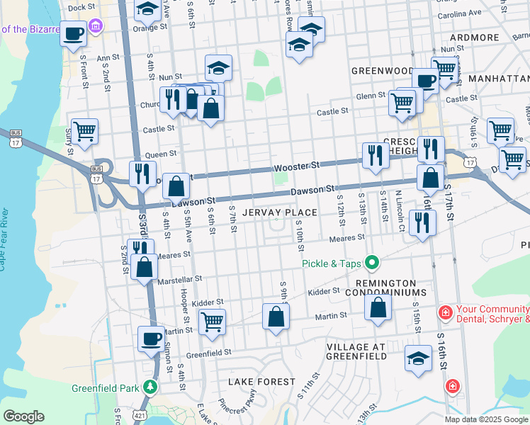 map of restaurants, bars, coffee shops, grocery stores, and more near 920 Thomas C Jervay Loop in Wilmington