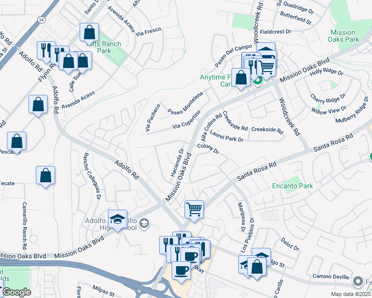 map of restaurants, bars, coffee shops, grocery stores, and more near 794 Hacienda Drive in Camarillo
