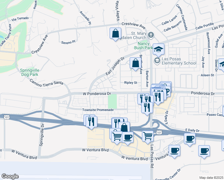 map of restaurants, bars, coffee shops, grocery stores, and more near 220 Camino Cortina in Camarillo