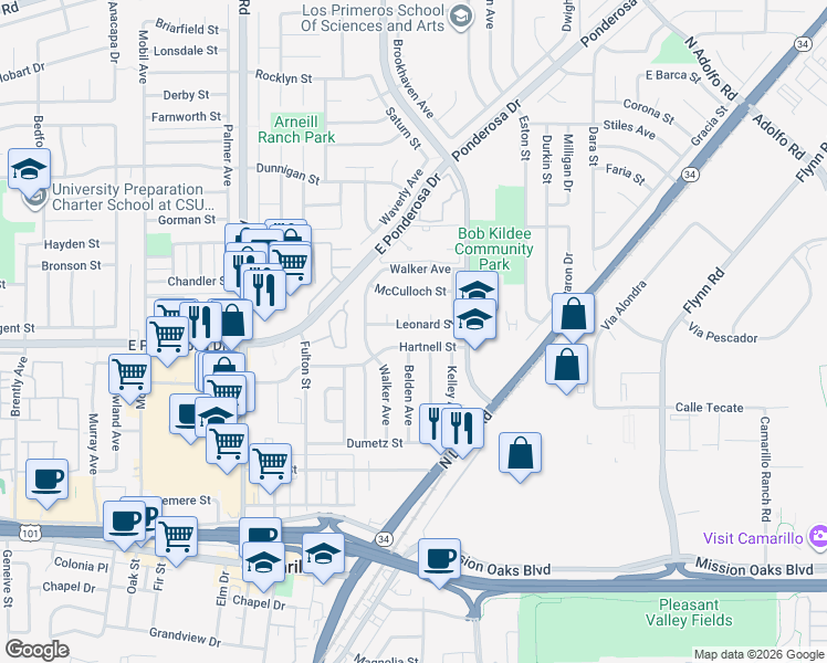 map of restaurants, bars, coffee shops, grocery stores, and more near 590 Leonard Street in Camarillo