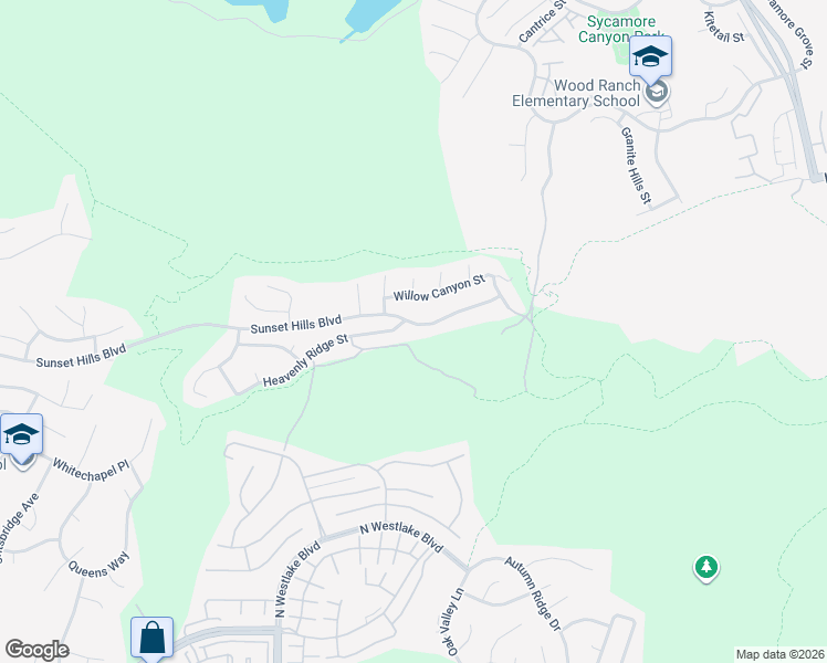map of restaurants, bars, coffee shops, grocery stores, and more near 3186 Sunset Hills Boulevard in Thousand Oaks