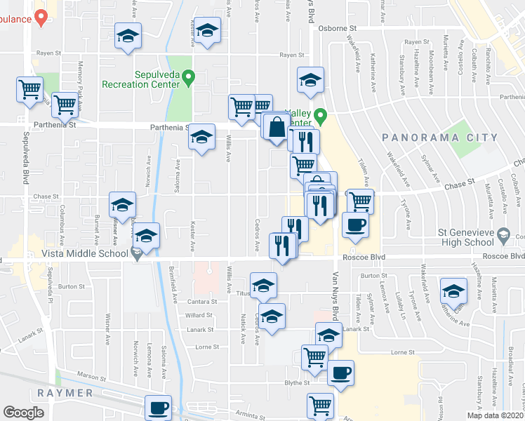 map of restaurants, bars, coffee shops, grocery stores, and more near 8416 Cedros Avenue in Los Angeles