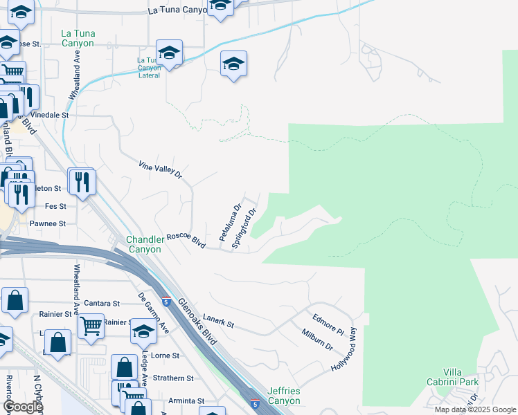 map of restaurants, bars, coffee shops, grocery stores, and more near 8466 Springford Drive in Los Angeles