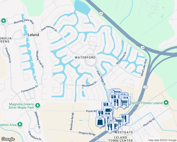 map of restaurants, bars, coffee shops, grocery stores, and more near 1261 Nightingale Court in Leland
