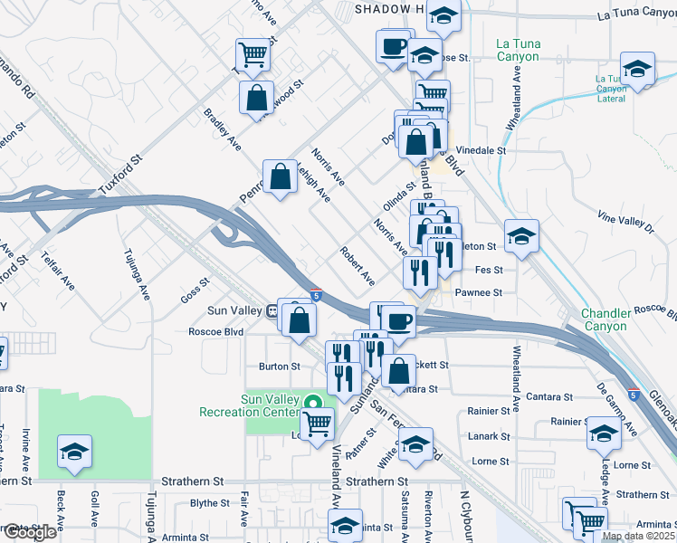 map of restaurants, bars, coffee shops, grocery stores, and more near 8446 Bradley Avenue in Los Angeles
