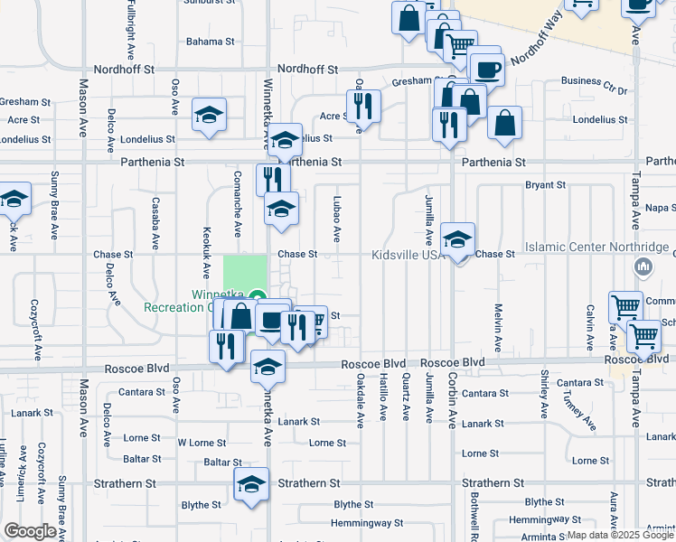 map of restaurants, bars, coffee shops, grocery stores, and more near 19928 Chase Street in Los Angeles