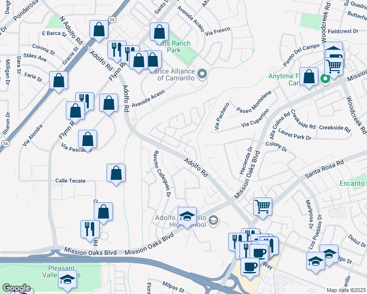 map of restaurants, bars, coffee shops, grocery stores, and more near 14 Tahquitz Court in Camarillo