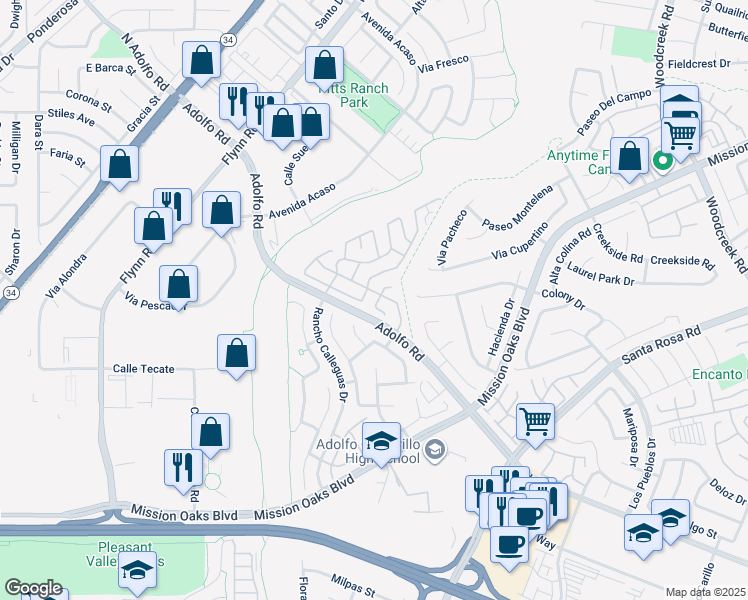 map of restaurants, bars, coffee shops, grocery stores, and more near 14 Tahquitz Court in Camarillo