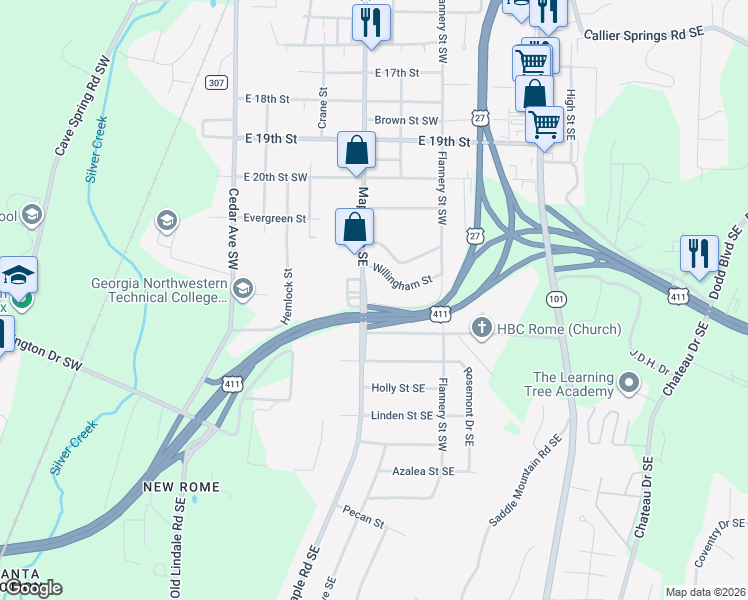 map of restaurants, bars, coffee shops, grocery stores, and more near 2115 Maple Avenue Southeast in Rome