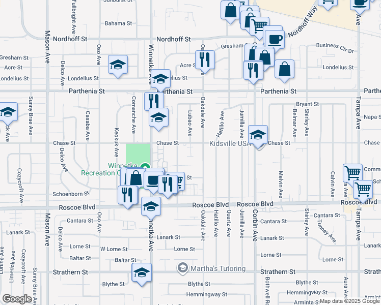 map of restaurants, bars, coffee shops, grocery stores, and more near 19928 Chase Street in Los Angeles