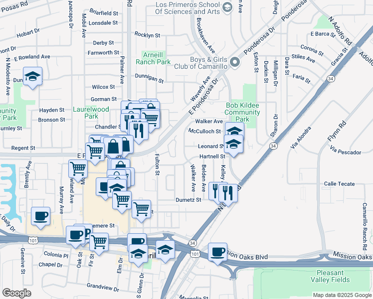 map of restaurants, bars, coffee shops, grocery stores, and more near 598 Walker Avenue in Camarillo
