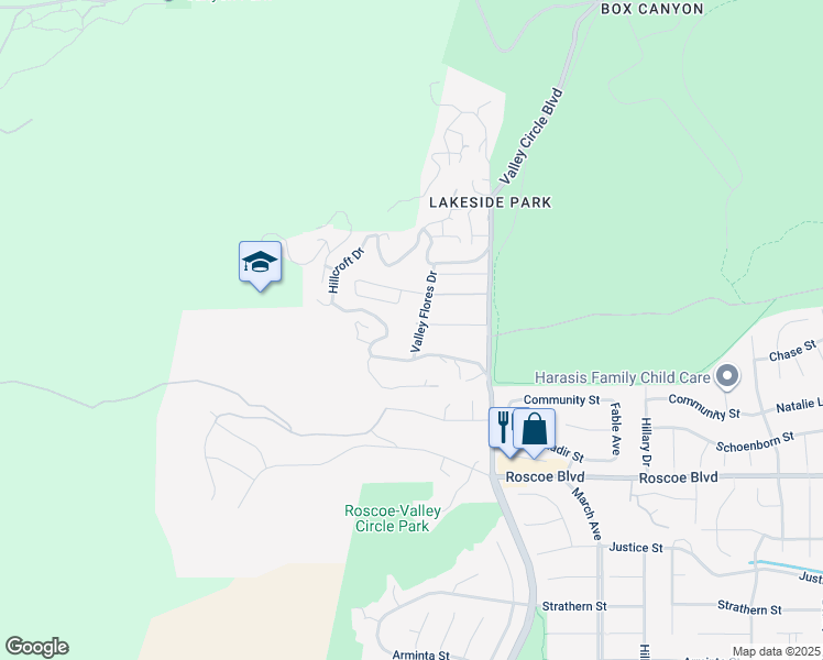 map of restaurants, bars, coffee shops, grocery stores, and more near 8481 Valley Flores Drive in Los Angeles