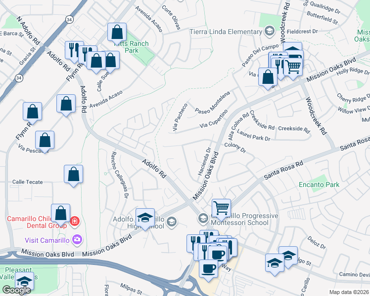 map of restaurants, bars, coffee shops, grocery stores, and more near 778 Hillcrest Drive in Camarillo