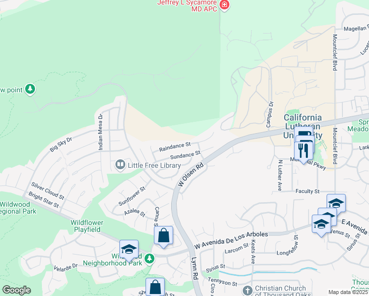 map of restaurants, bars, coffee shops, grocery stores, and more near 430 Raindance Street in Thousand Oaks