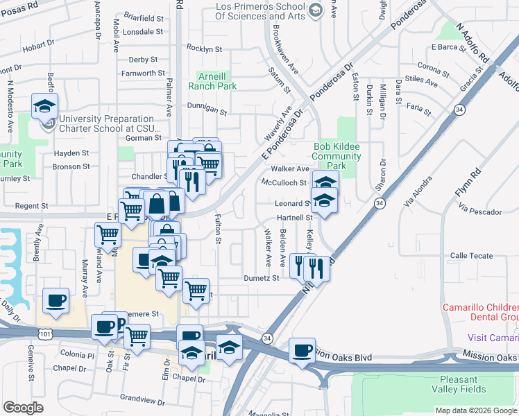 map of restaurants, bars, coffee shops, grocery stores, and more near 598 Walker Avenue in Camarillo