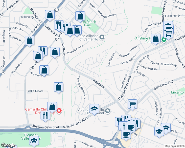 map of restaurants, bars, coffee shops, grocery stores, and more near 14 Tahquitz Court in Camarillo