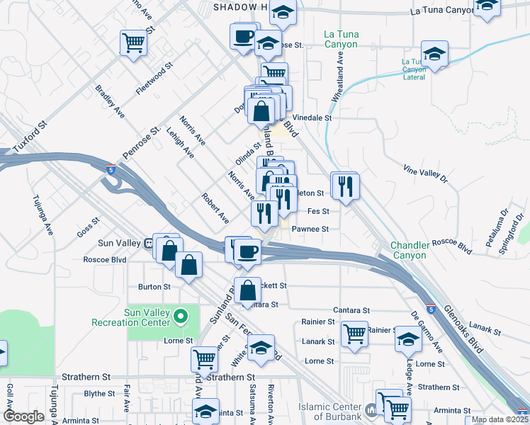 map of restaurants, bars, coffee shops, grocery stores, and more near 8430 Norris Avenue in Los Angeles