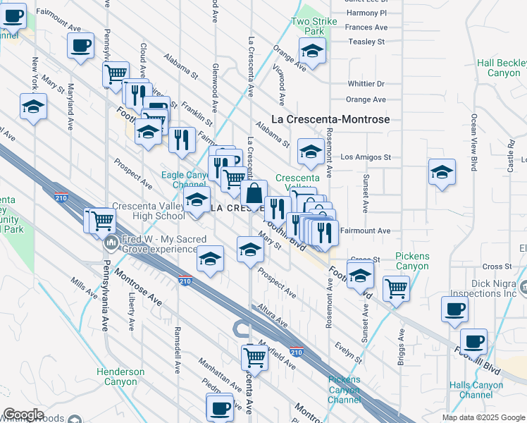 map of restaurants, bars, coffee shops, grocery stores, and more near 2757 Foothill Boulevard in La Crescenta-Montrose