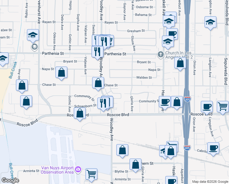 map of restaurants, bars, coffee shops, grocery stores, and more near 16075 Cook Lane in Los Angeles