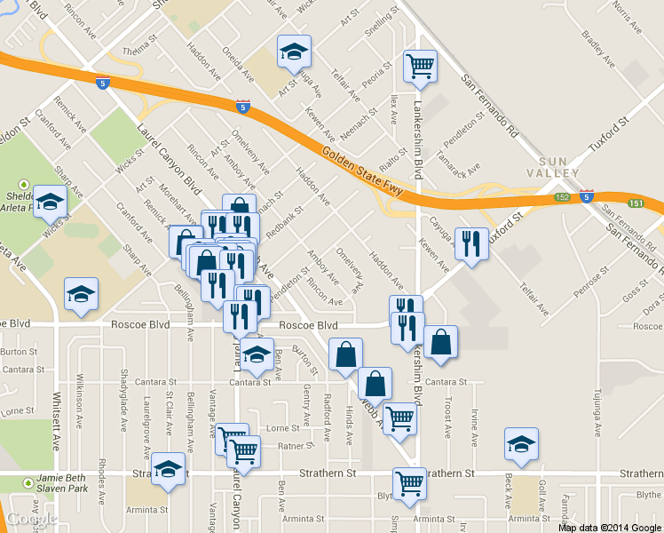 map of restaurants, bars, coffee shops, grocery stores, and more near 8446 Amboy Avenue in Los Angeles