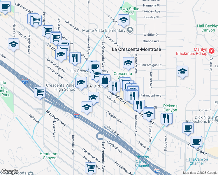 map of restaurants, bars, coffee shops, grocery stores, and more near 2757 Foothill Boulevard in La Crescenta-Montrose
