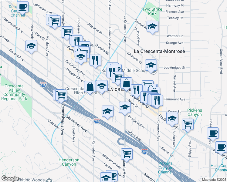map of restaurants, bars, coffee shops, grocery stores, and more near 2846 Mary Street in La Crescenta-Montrose
