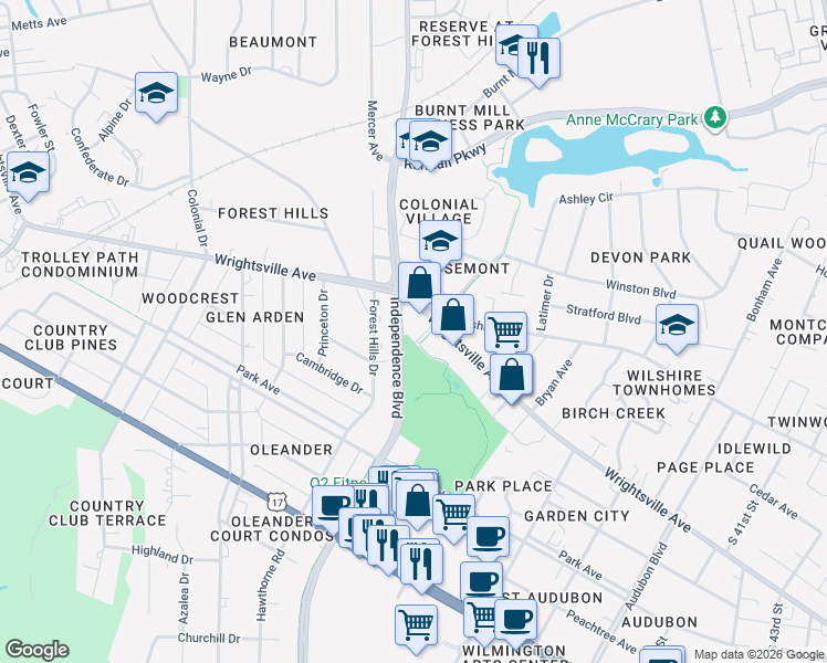 map of restaurants, bars, coffee shops, grocery stores, and more near 3151 Caswell Street in Wilmington
