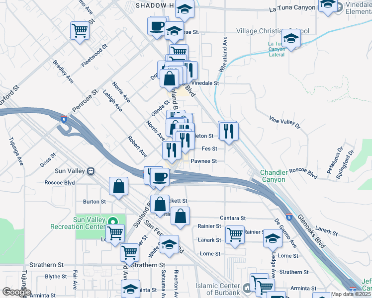 map of restaurants, bars, coffee shops, grocery stores, and more near 8422 Sunland Boulevard in Los Angeles