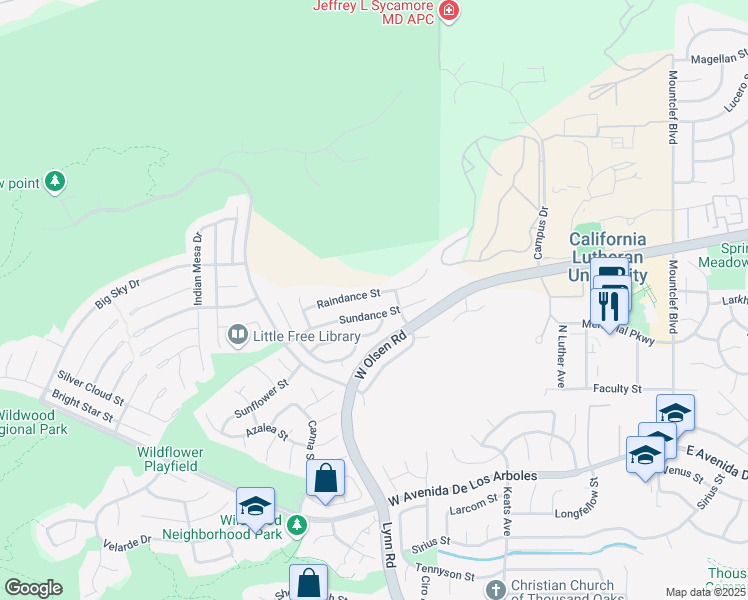 map of restaurants, bars, coffee shops, grocery stores, and more near 430 Raindance St in Thousand Oaks