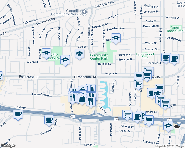 map of restaurants, bars, coffee shops, grocery stores, and more near 728 Mardigras Court in Camarillo