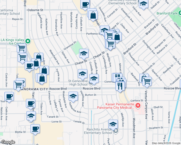 map of restaurants, bars, coffee shops, grocery stores, and more near 8413 Costello Avenue in Los Angeles