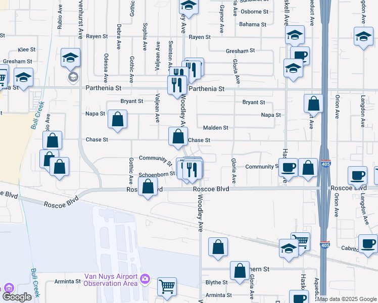 map of restaurants, bars, coffee shops, grocery stores, and more near 16146 Columbus Lane in Los Angeles