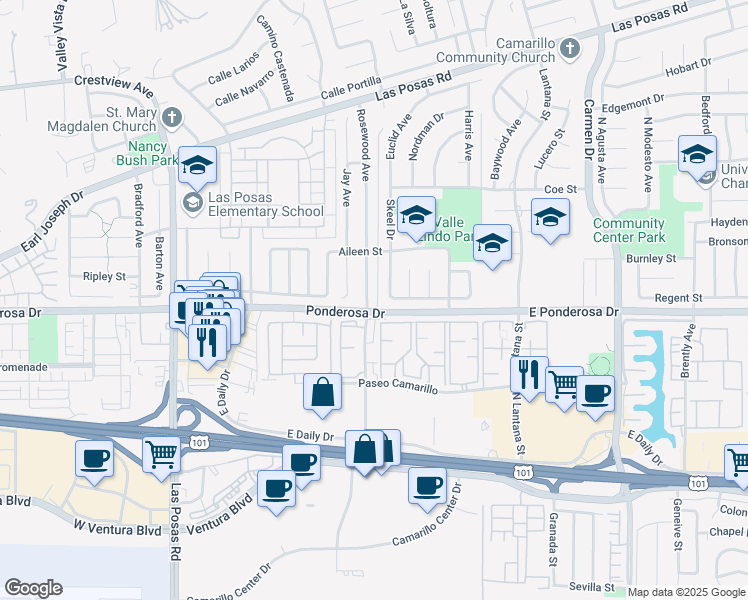 map of restaurants, bars, coffee shops, grocery stores, and more near 724 Rosewood Avenue in Camarillo