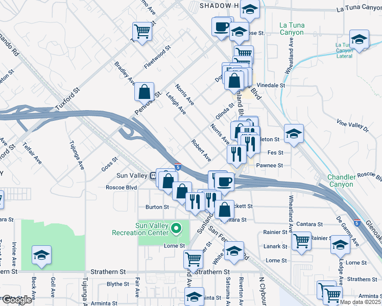 map of restaurants, bars, coffee shops, grocery stores, and more near 8446 Bradley Avenue in Los Angeles