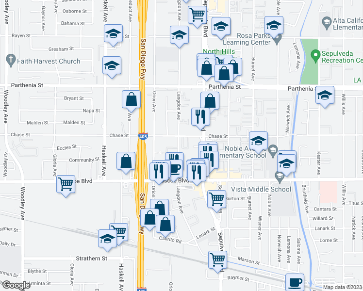 map of restaurants, bars, coffee shops, grocery stores, and more near 8430 Langdon Avenue in Los Angeles