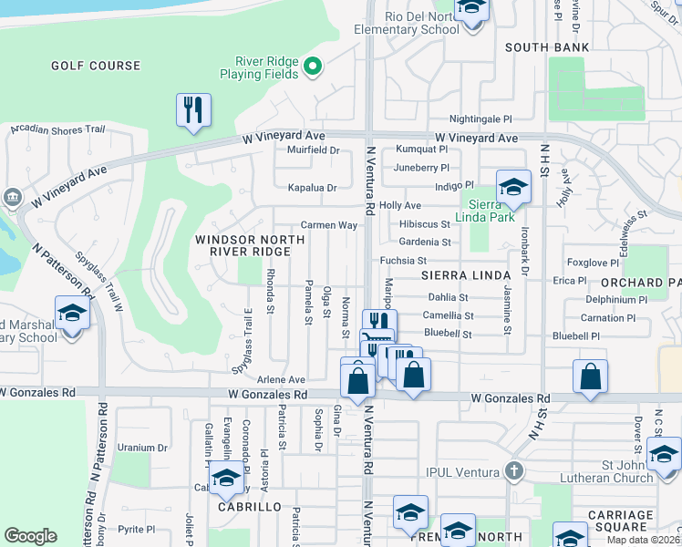 map of restaurants, bars, coffee shops, grocery stores, and more near 2111 Norma Street in Oxnard