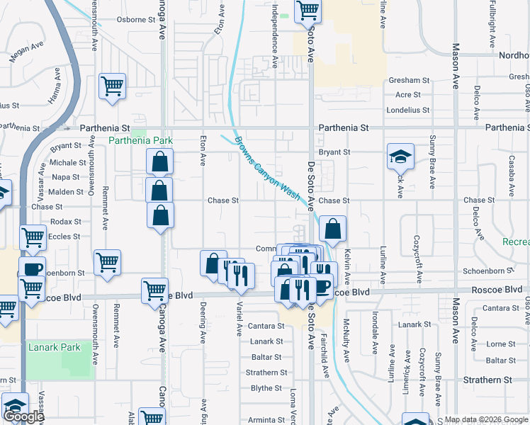 map of restaurants, bars, coffee shops, grocery stores, and more near 21019 Rodax Street in Los Angeles