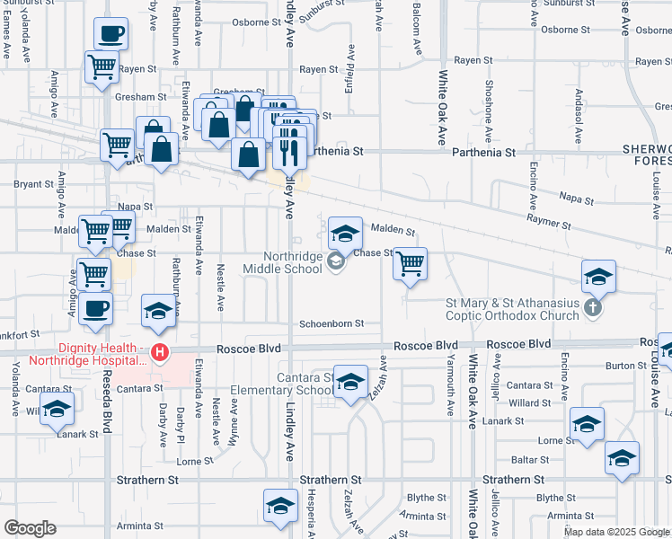 map of restaurants, bars, coffee shops, grocery stores, and more near 17604 Willard Street in Los Angeles