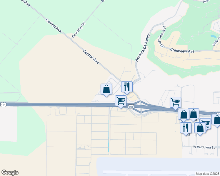 map of restaurants, bars, coffee shops, grocery stores, and more near 4388 Central Avenue in Camarillo