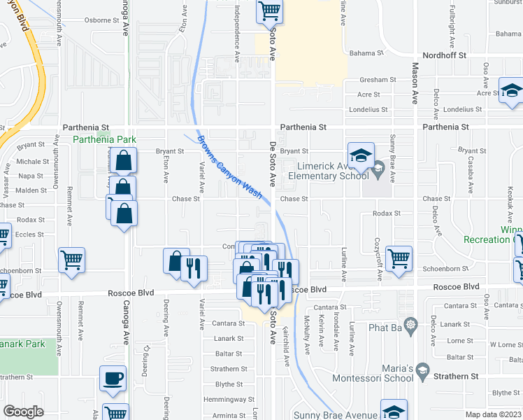 map of restaurants, bars, coffee shops, grocery stores, and more near 8463 De Soto Avenue in Los Angeles