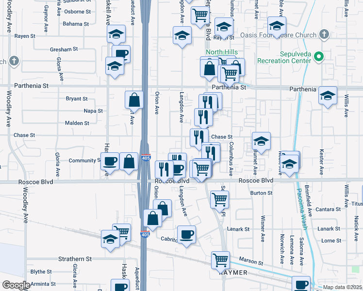 map of restaurants, bars, coffee shops, grocery stores, and more near 8430 Langdon Avenue in Los Angeles