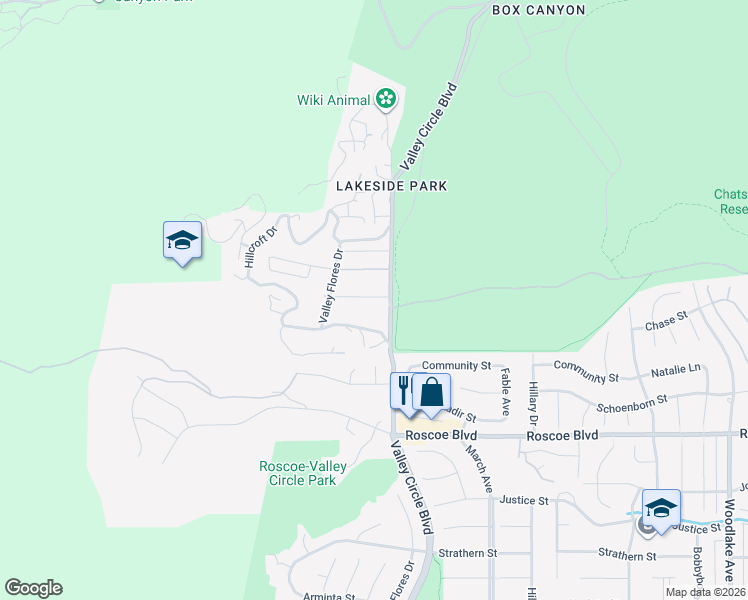 map of restaurants, bars, coffee shops, grocery stores, and more near 8485 Valley Circle Boulevard in Los Angeles