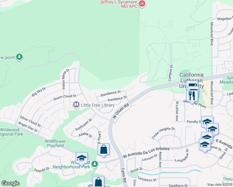 map of restaurants, bars, coffee shops, grocery stores, and more near 430 Raindance Street in Thousand Oaks