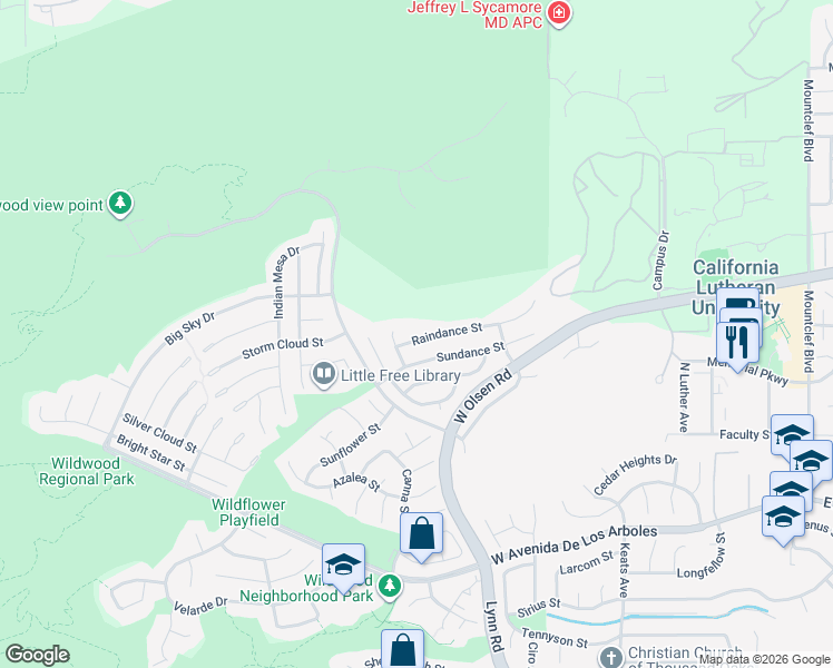 map of restaurants, bars, coffee shops, grocery stores, and more near 533 Raindance Street in Thousand Oaks