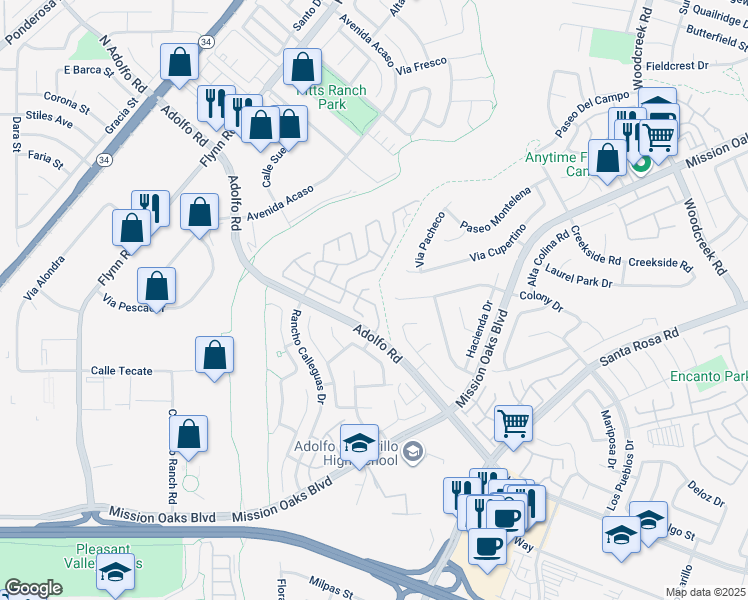 map of restaurants, bars, coffee shops, grocery stores, and more near 42 Tahquitz Drive in Camarillo
