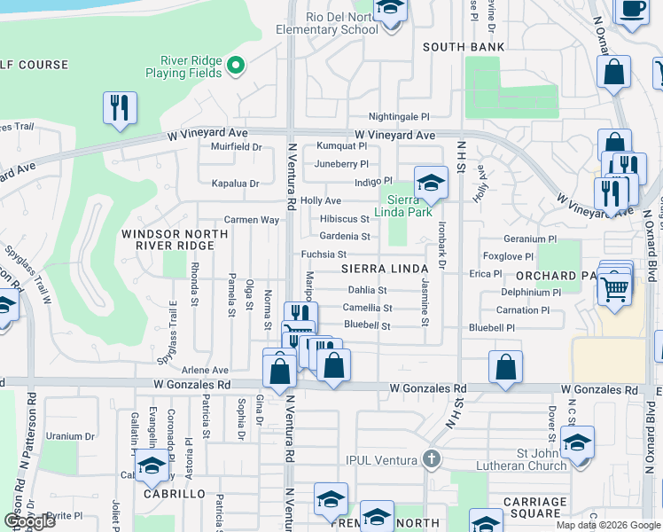 map of restaurants, bars, coffee shops, grocery stores, and more near 1341 Elder Street in Oxnard