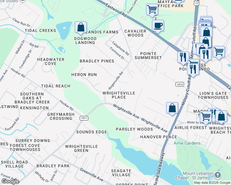 map of restaurants, bars, coffee shops, grocery stores, and more near 6211 Wrightsville Avenue in Wilmington
