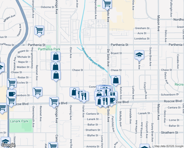map of restaurants, bars, coffee shops, grocery stores, and more near 21019 Rodax Street in Los Angeles