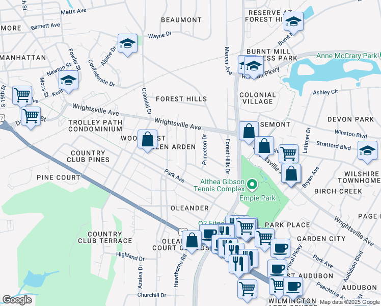 map of restaurants, bars, coffee shops, grocery stores, and more near 1205 Essex Drive in Wilmington