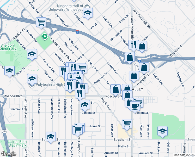 map of restaurants, bars, coffee shops, grocery stores, and more near 11923 Pendleton St in Los Angeles